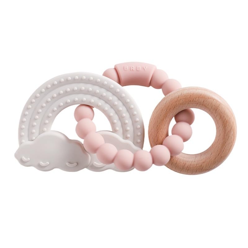 Baby Silicone and Wood Teether Ring Toy,Food Grade Silicone Chew Toys for 3-6,6-12,12-18 Months Newborns,Infants,Toddlers Teething Relief,Safe and Soft,BPA Free,Baby Essentials. (Rainbow)