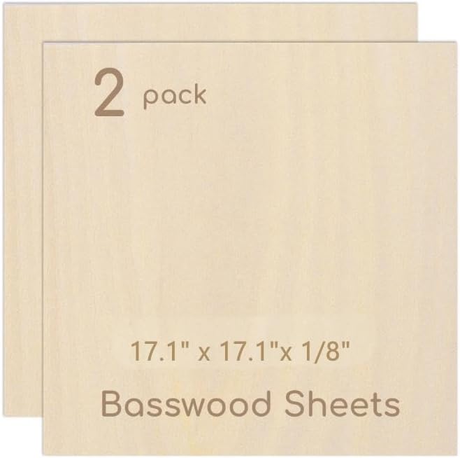 2 Pack Plywood Sheets, 17.1" x 17.1"x 1/8" Basswood Sheets | 3mm Basswood Craft