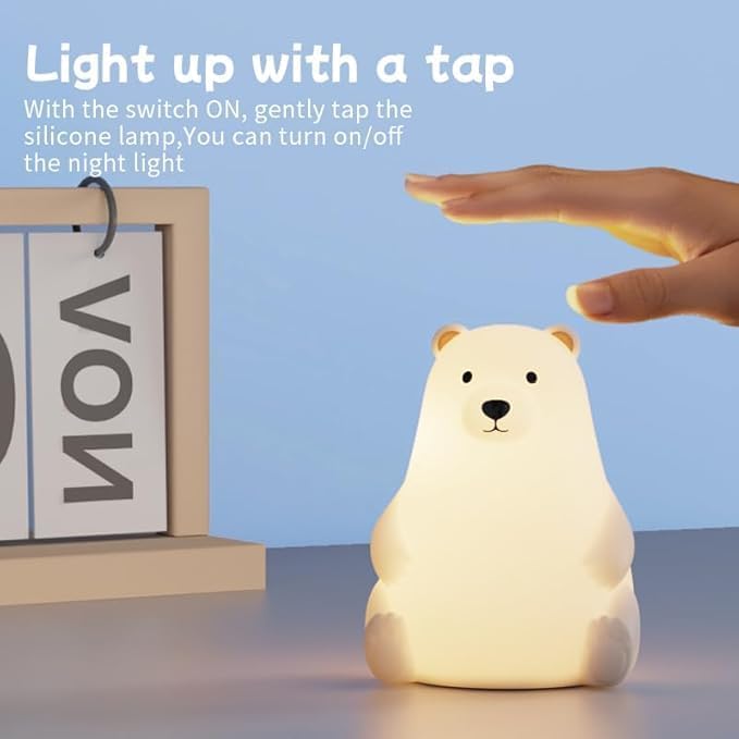 Polar Bear Silicone Night Light for Kids Nursery Bedroom - Tap Control, 3 Adjustable Brightness, USB Rechargeable, Child-Safe Soft Glow LED Lamp, Baby Gift Idea