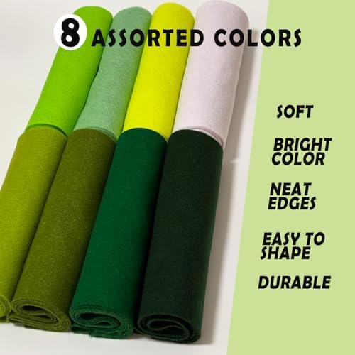 Green 8 Assorted Soft Felt Sheets Fabric, Each 8'' x 36'' 1.6mm Thick | Long