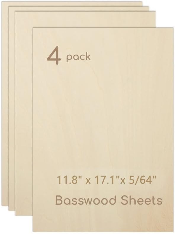 4 Pack Plywood Sheets, 11.8" x 17.1"x 5/64" Basswood Sheets | 2mm Basswood