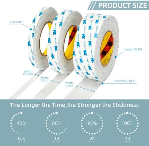 3M Double Sided Tape 0.5'' x 16.5 Ft 2 Pack Removable PE Foam Tape | Wall Tape