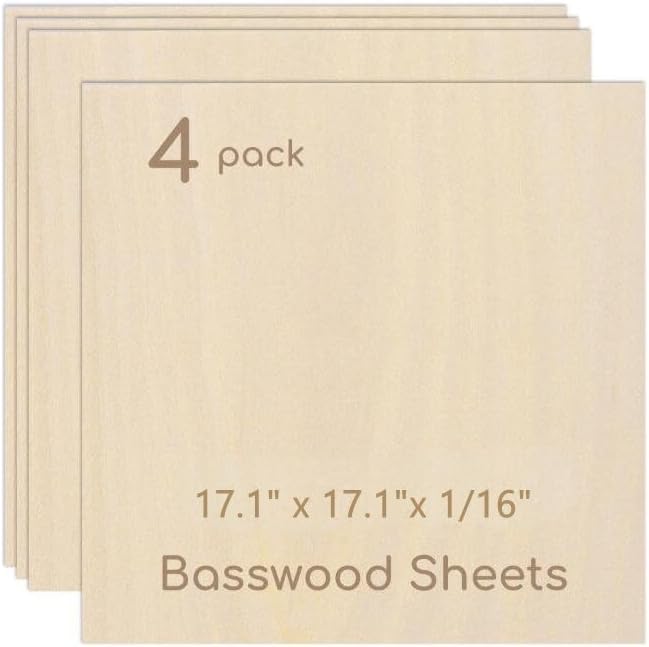 4 Pack Plywood Sheets, 17.1" x 17.1"x 1/16" Basswood Sheets | 1.5mm Basswood