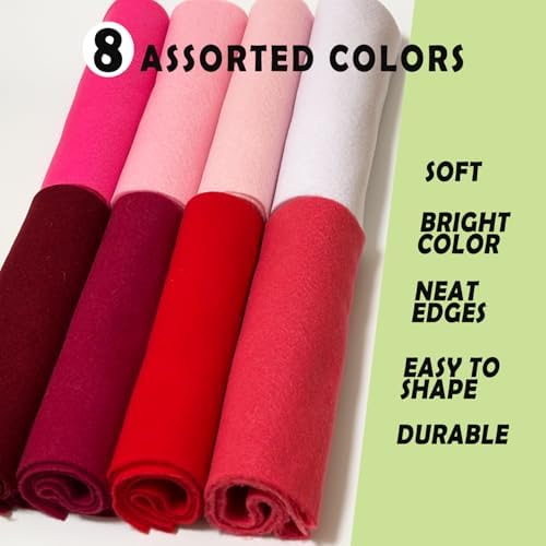 Red Pink 8 Assorted Soft Felt Sheets Fabric, Each 8'' x 36'' 1.6mm Thick | Long