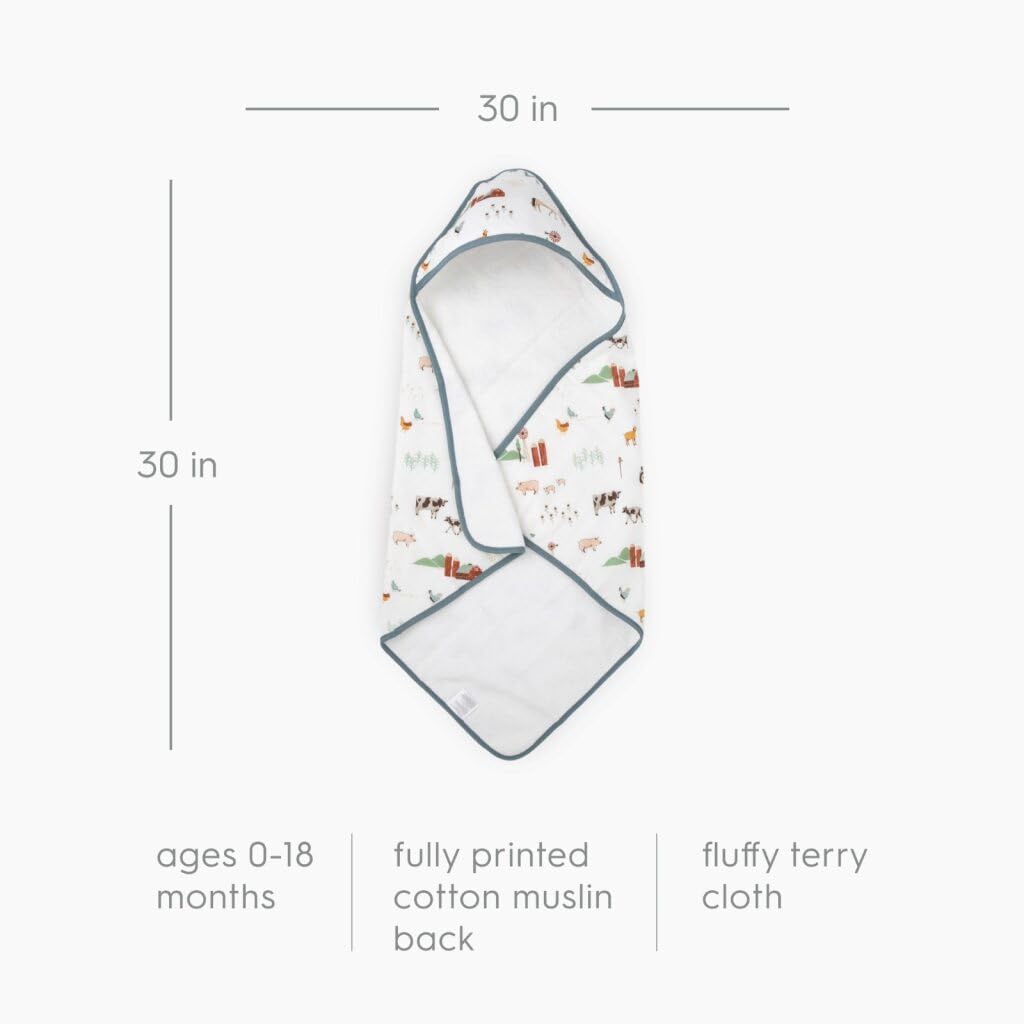 Little Unicorn Premium Infant Hooded Bath Towel| Soft & Absorbent Cotton & Terry Fabric for Newborns (Farmyard)