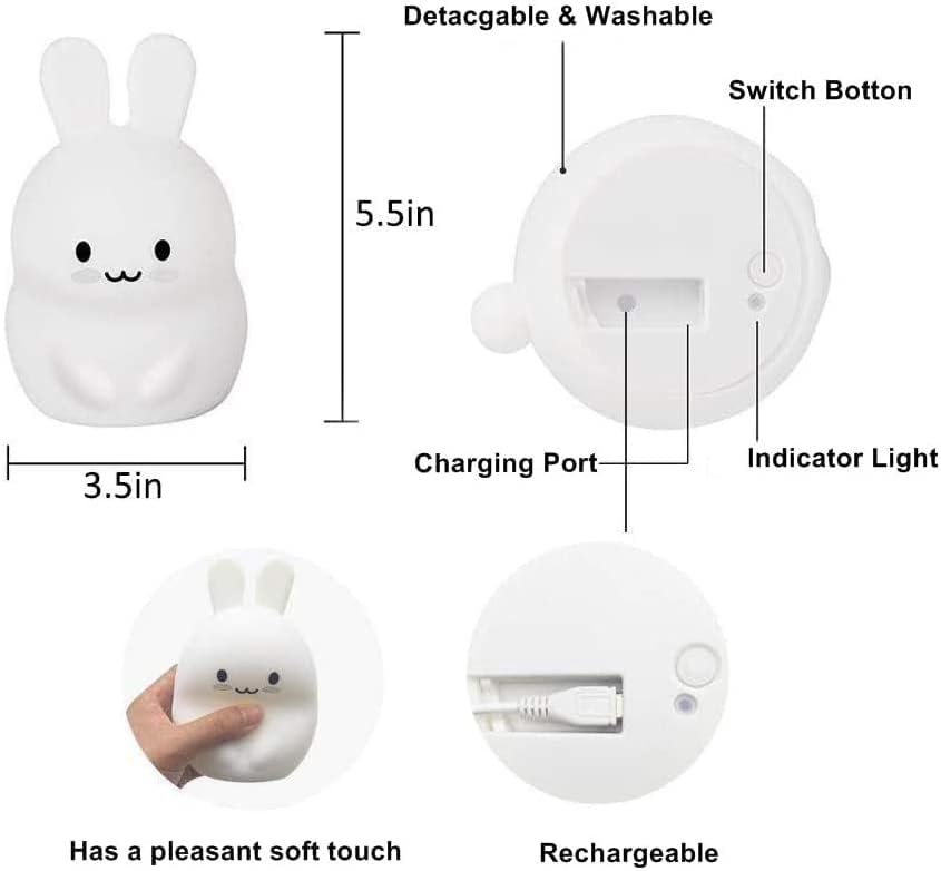 Rabbit Night Light for Kids, Bedside Lamp for Children, Baby Nursery Lamp for Breastfeeding Safe, Break Resistant, Adjustable Brightness & Color, Touch Control + Remote Control - Medium Rabbit