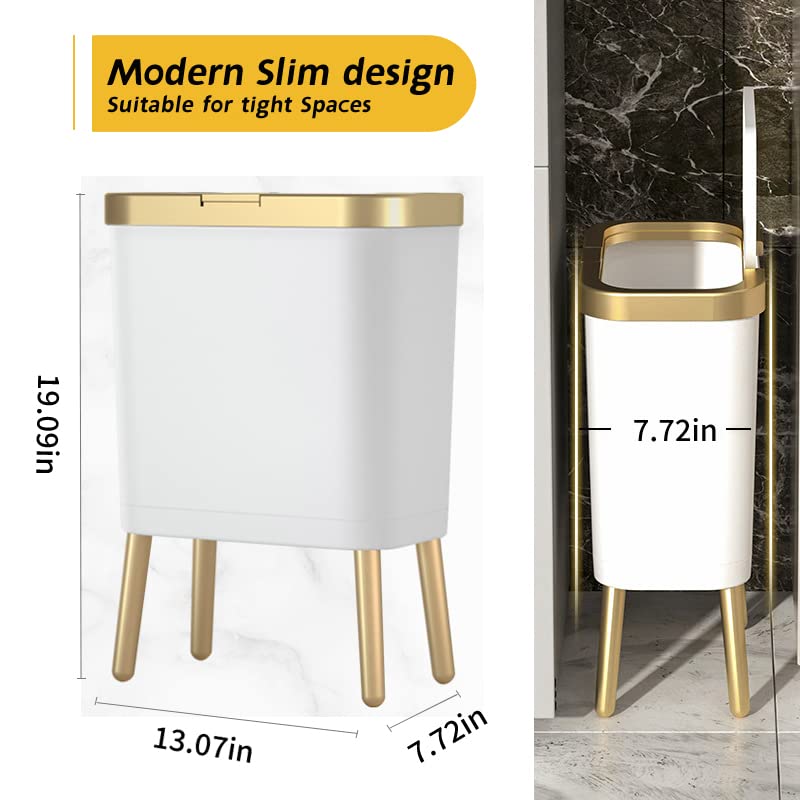 Procade Bathroom Trash Can with Lid, Plastic Garbage Can with Legs, 4 Gallon Gold Trash Bin with Push Button, Narrow White Trash Can Waste Basket for Bedroom, Living Room,Office，Dog Proof Trash Bin