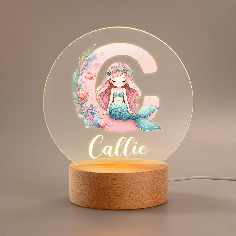 Personalized Mermaid Girl Night Light, Custom Name Acrylic LED Light 37 Patterns Option Nursery Decoration