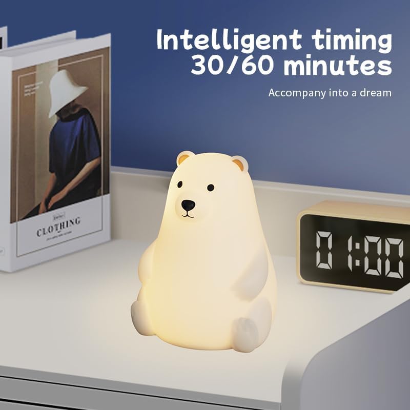 Polar Bear Silicone Night Light for Kids Nursery Bedroom - Tap Control, 3 Adjustable Brightness, USB Rechargeable, Child-Safe Soft Glow LED Lamp, Baby Gift Idea