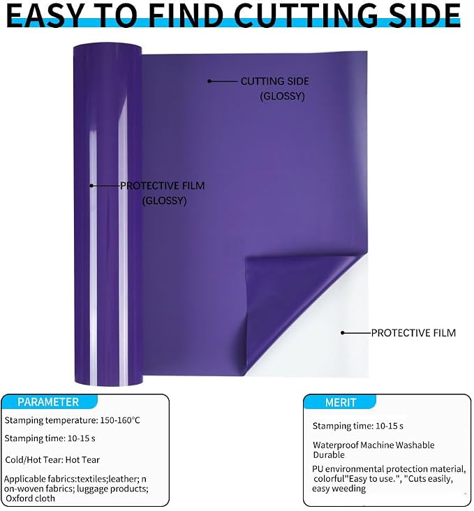 guangyintong Purple Heat Transfer Vinyl HTV Rolls, Glossy Surface HTV Vinyl