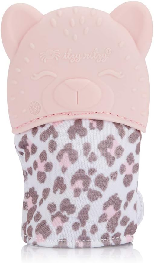 Itzy Ritzy Silicone Teething Mitt - Soothing Infant Teething Mitten with Adjustable Strap, Crinkle Sound & Textured Silicone to Soothe Sore & Swollen Gums - for Ages 3 Months & Up (Blush Leopard)
