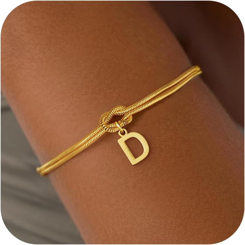 Stocking Stuffers for Teen Girls - 18K Gold Plated Love Knot Initial Bracelets for Women Friends Bridesmaid Gifts Dainty Gold Bracelets Birthday Christmas Gifts for Teens Women