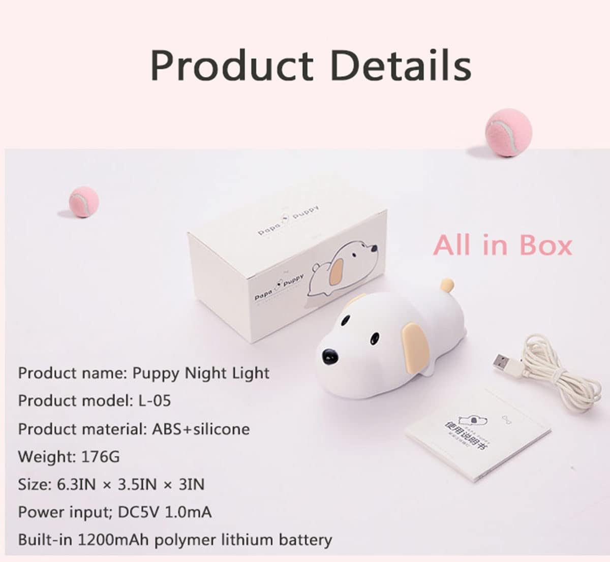HAPPYBAG Kids Night Light,Cute Soft Silicone Dog Lamp Dimmable Nursery Portable Puppy Kawaii Lamps,Bedside Lamp for Baby and Toddler,Boy Girls