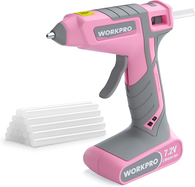 WORKPRO Pink Cordless Hot Melt Glue Gun, 7.2V Rechargeable Fast Preheating Glue