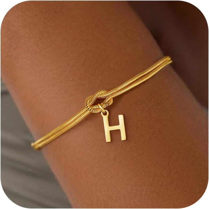 Stocking Stuffers for Teen Girls - 18K Gold Plated Love Knot Initial Bracelets for Women Friends Bridesmaid Gifts Dainty Gold Bracelets Birthday Christmas Gifts for Teens Women