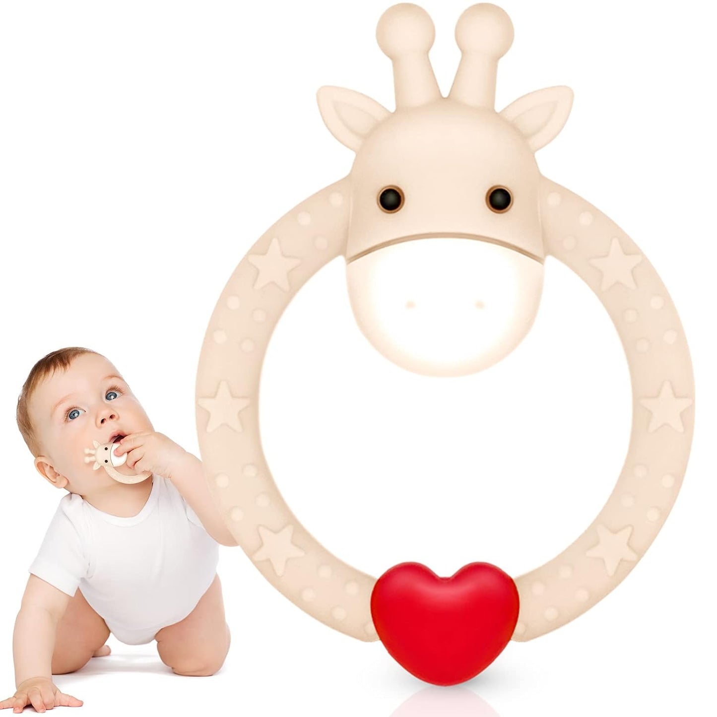 SHARE&CARE BPA Free Silicone Giraffe Baby Teether Toy with Storage Case, for 3 Months Above Infant Sore Gums Pain Relief and Baby Shower, Baby Teething Toys (Cream)