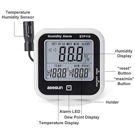 ALLOSUN Digital Thermometer Hygrometer Indoor Humidity Greenhouse Temperature Monitor Alarm Long Probe Gauge Dew-Point Meter with LCD Display