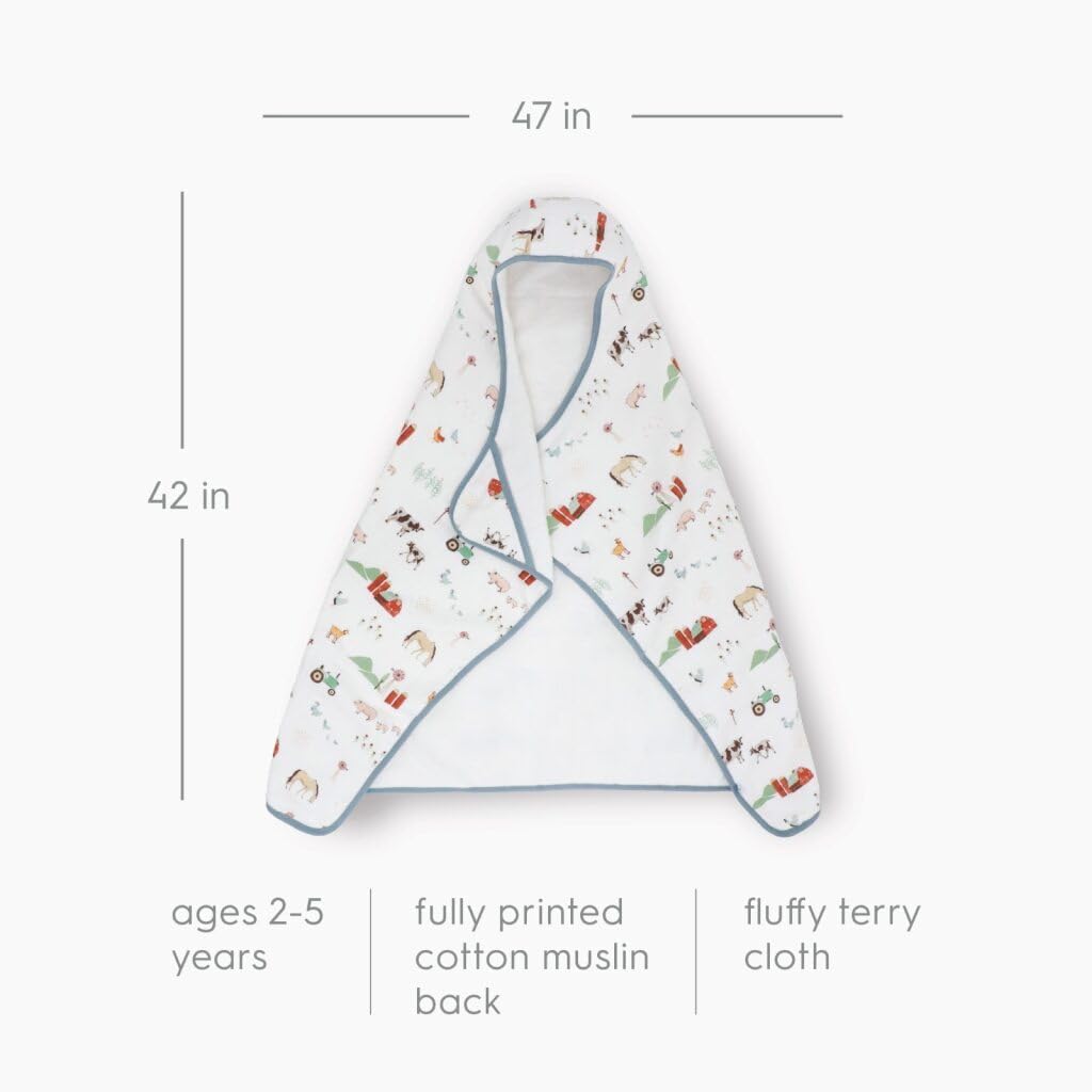 Little Unicorn Premium Hooded Bath Towel| Absorbent Cotton & Terry Blend | Larger Size, 1-6 Years (Farmyard)