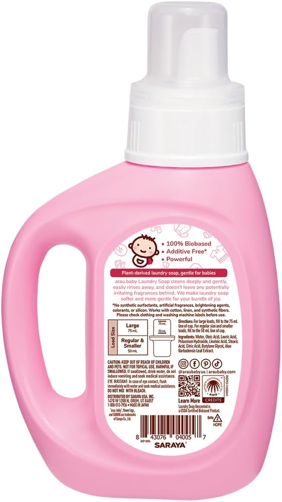 Arau Baby Laundry Soap, Unscented, Plant Based Formula, Safe for Sensitive Skin, Baby Laundry Detergent with No Artificial Fragrance or Additives, Gentle on Infant, Newborn and Baby Clothes, 27 Fl Oz