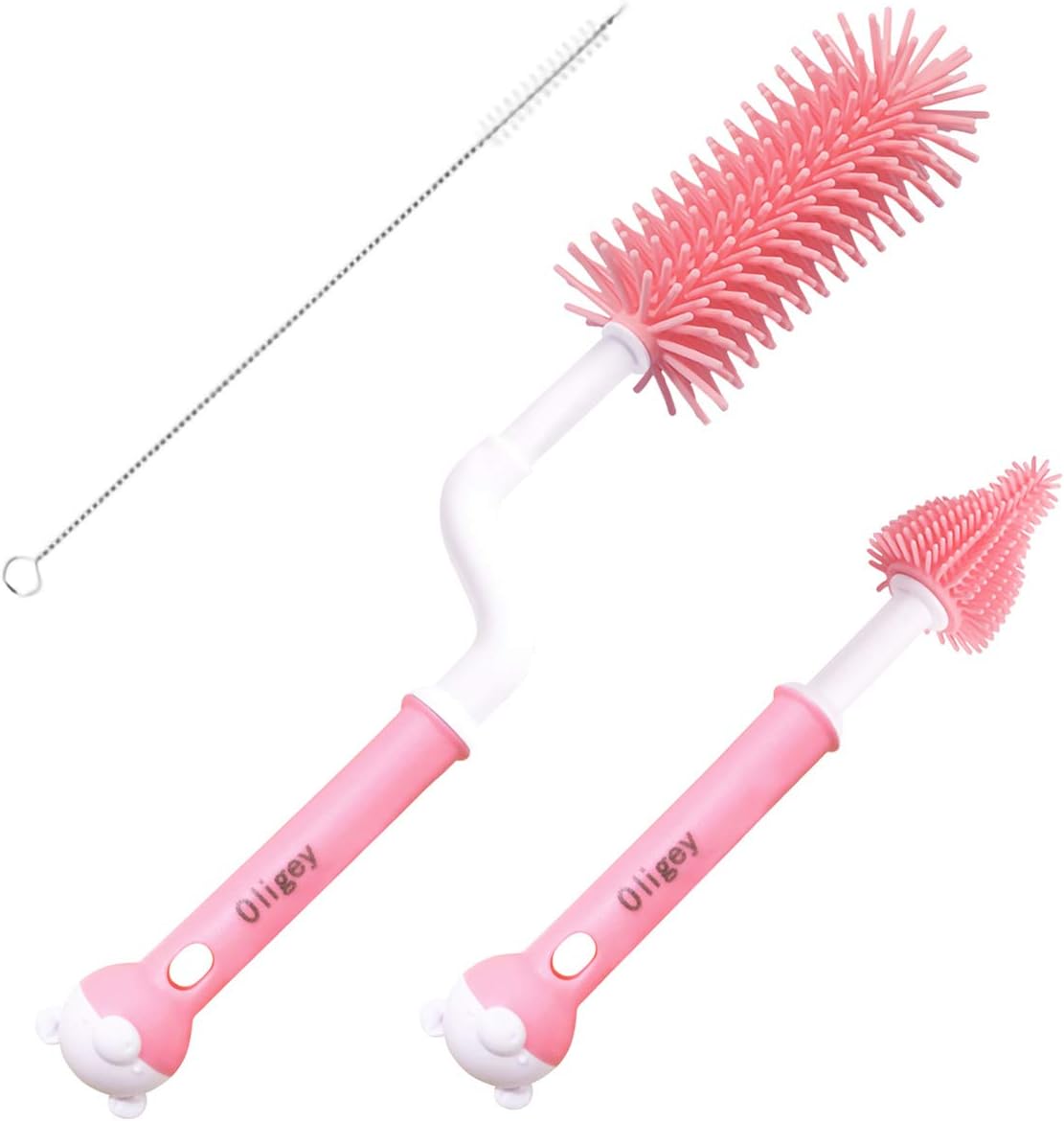 Silicone Baby Bottle Brush Set Cleans Deep Container Nipple or Straw with Rotation Long Handle,3 in 1 Rubber Cleaning Kits Wash Infant Pacifier Teat Nozzle or Breast Pump by Spinning Lug
