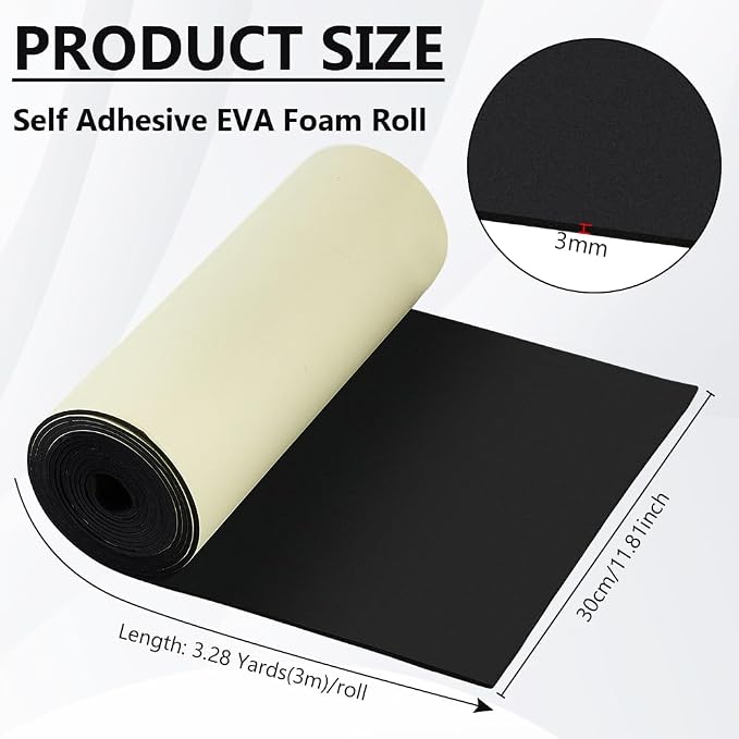 BENECREAT 118x11.8 Inch Black Self Adhesive EVA Foam Roll, 3mm Thick Adhesive