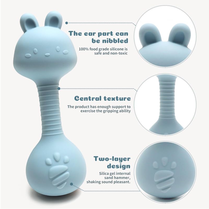 Silicone Rattle Teether for Babies – Soft BPA-Free Teething Toy & Sensory Rattle – 100% Food Grade Silicone, CPC Certified – Soothing Relief for Infants & Toddlers (Rabbit - Beige)