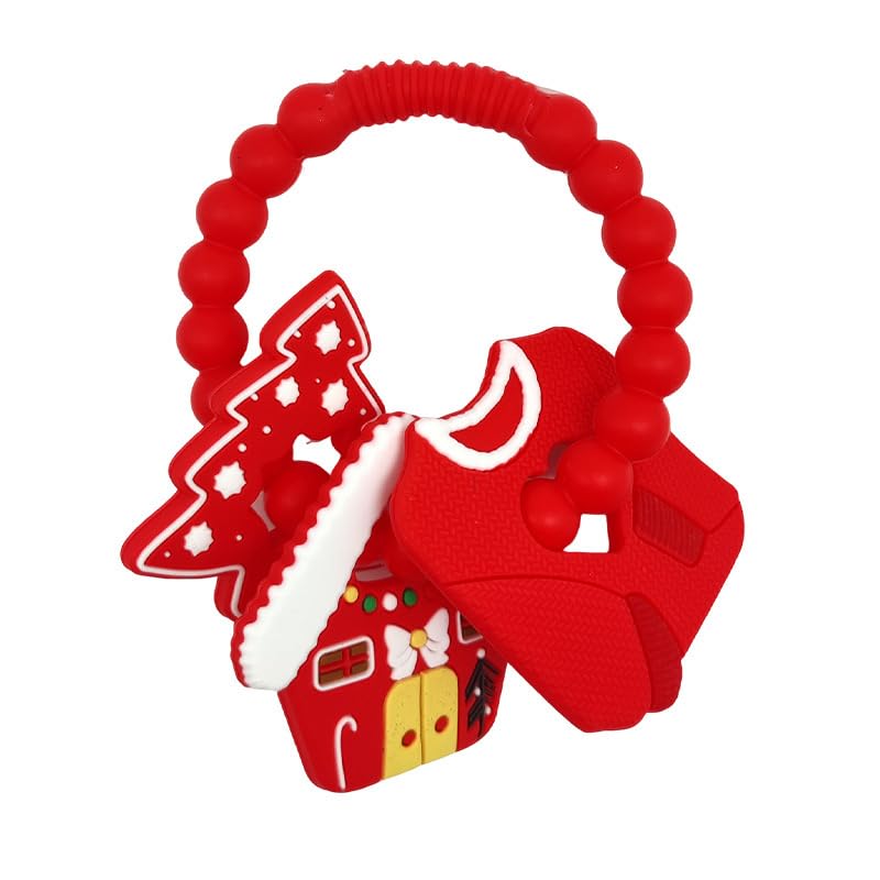 Baby Silicone Christmas Ring Toy,Food Grade Silicone Chew Toys for 0-6,6-12,12-18 Months Newborns,Infants,Toddlers Teething Relief,Safe and Soft,BPA Free,Baby Essentials. (Red)