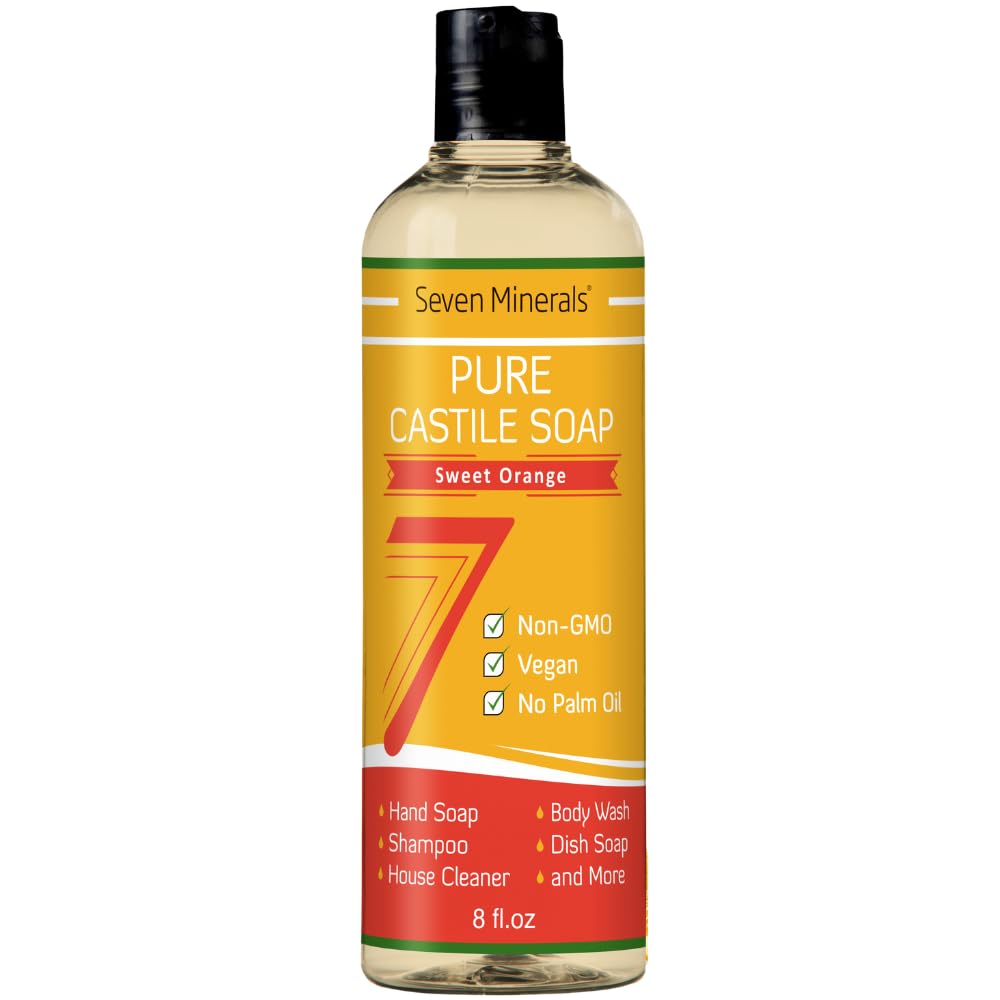 Seven Minerals Pure Castile Soap, Sweet Orange 8oz - No Palm Oil, GMO-Free - Gentle Liquid Soap For Sensitive Skin & Baby Wash - All Natural Vegan Formula with Organic Carrier Oils