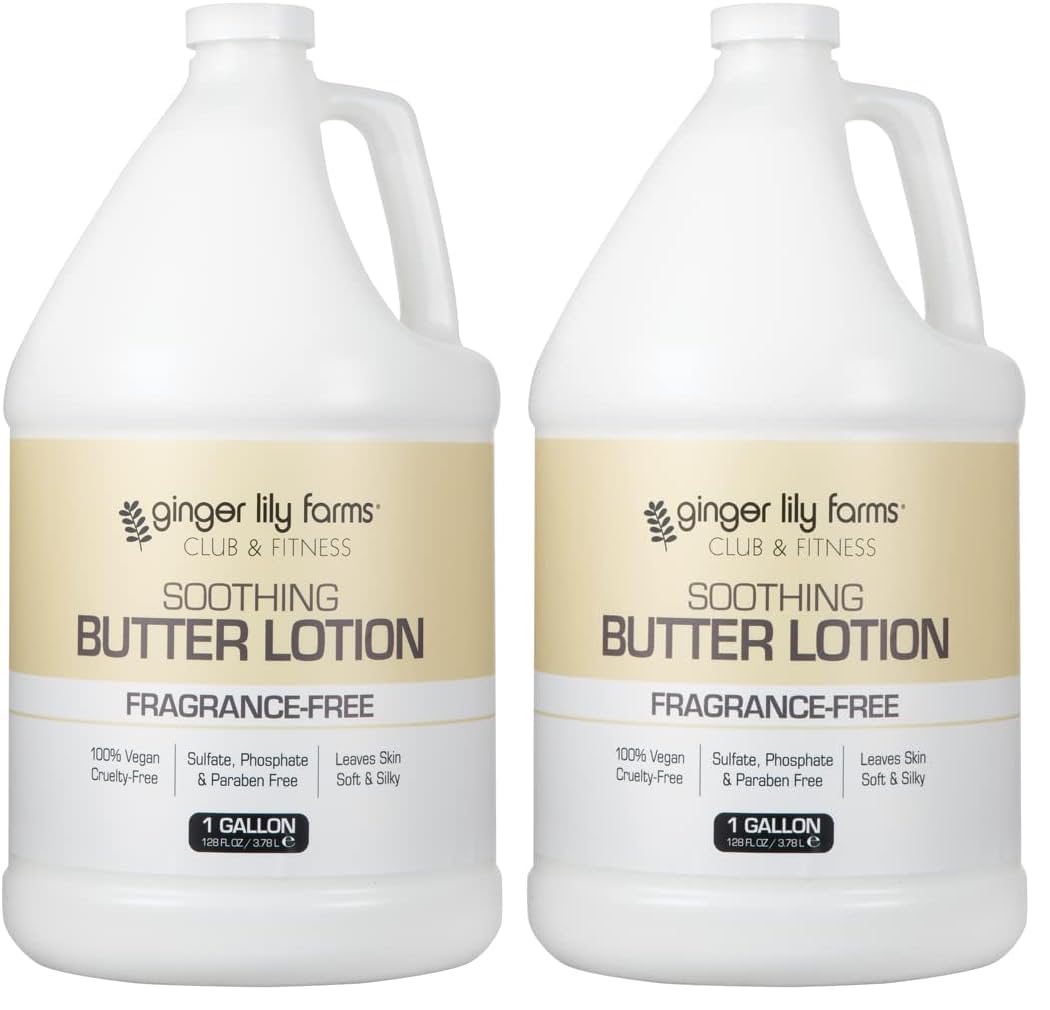 Ginger Lily Farms Club & Fitness Soothing Butter Lotion for Dry Skin, 100% Vegan & Cruelty-Free, Fragrance Free, 1 Gallon (128 fl oz) Refill (Pack of 2)