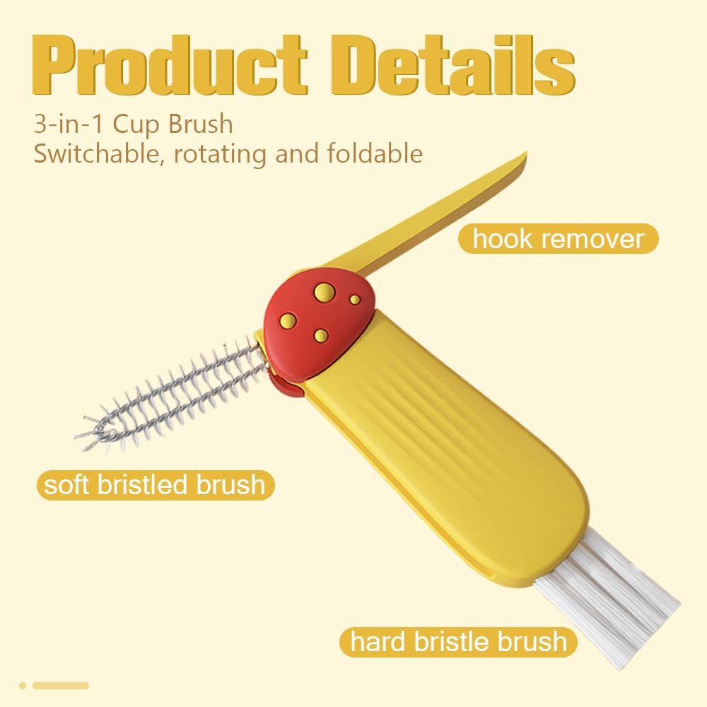 3 in 1 Cup Lid Cleaning Brush, 2025 New Multifunctional Cleaning Brush Crevice Cleaner Brush for Bottle Gap Tight Spaces, 3 in 1 Portable Cup Lid Cleaner with Brush (Yellow)