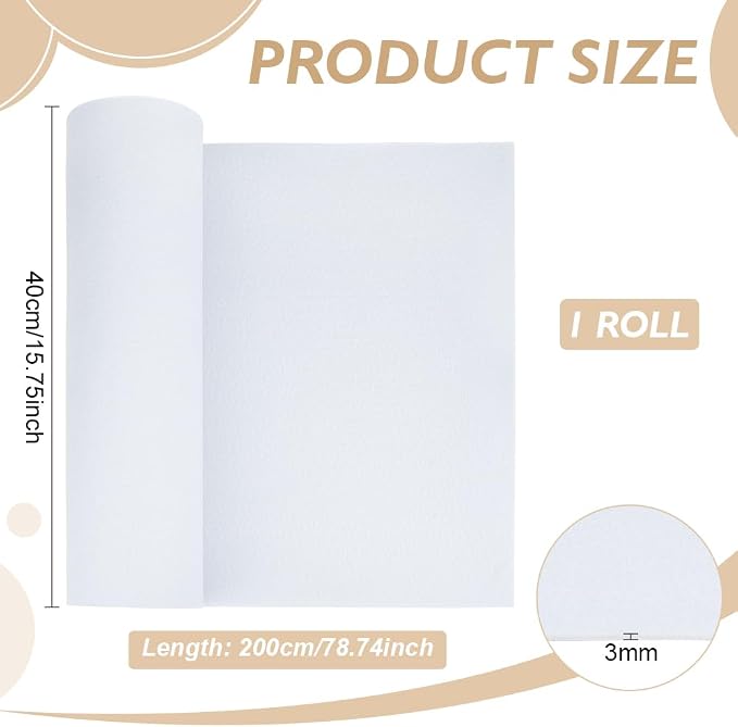 BENECREAT 78.7x15.7inch Felt Roll, 3mm Thick Nonwoven Felt Roll