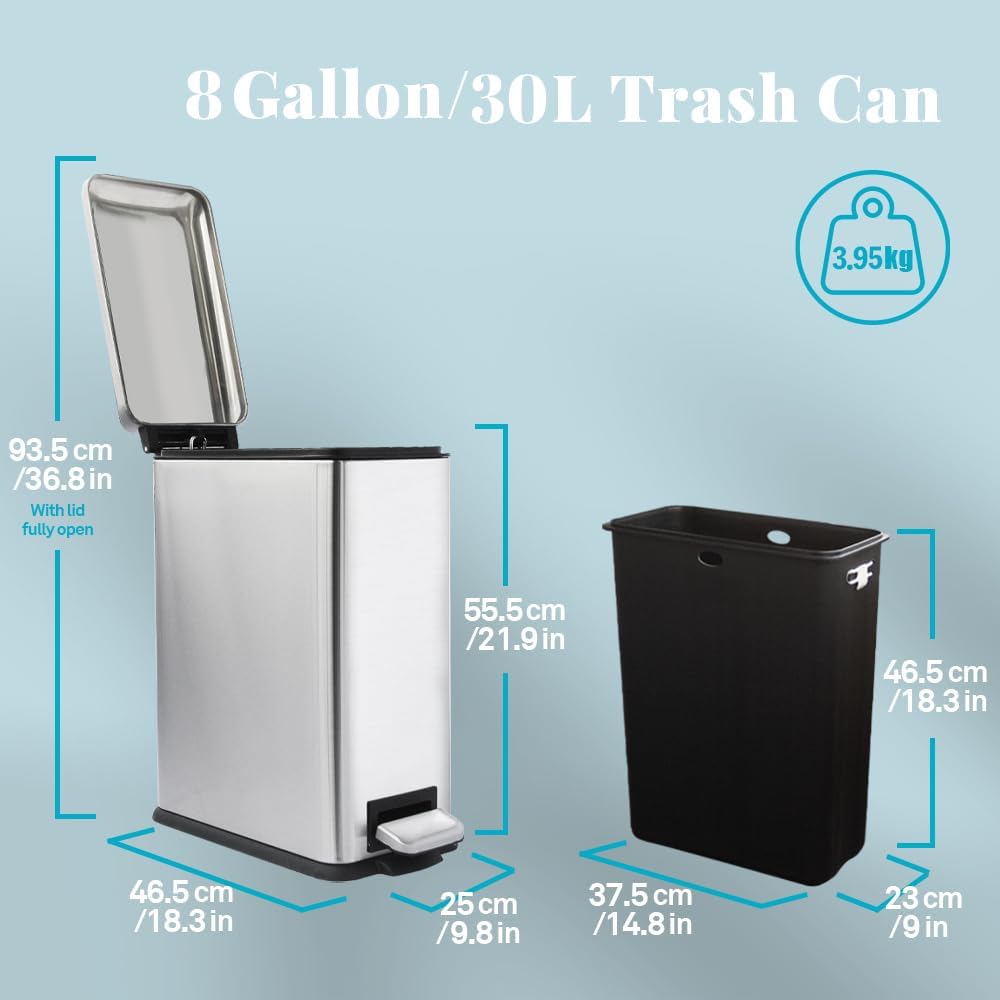 8 Gallon Trash Can, Stainless Steel Kitchen Trash Can with Removal Inner Bucket and Soft-Close Lid, Step on Trash can 30 Liters, Durable Metal Garbage Can for Home, Bathroom, Office