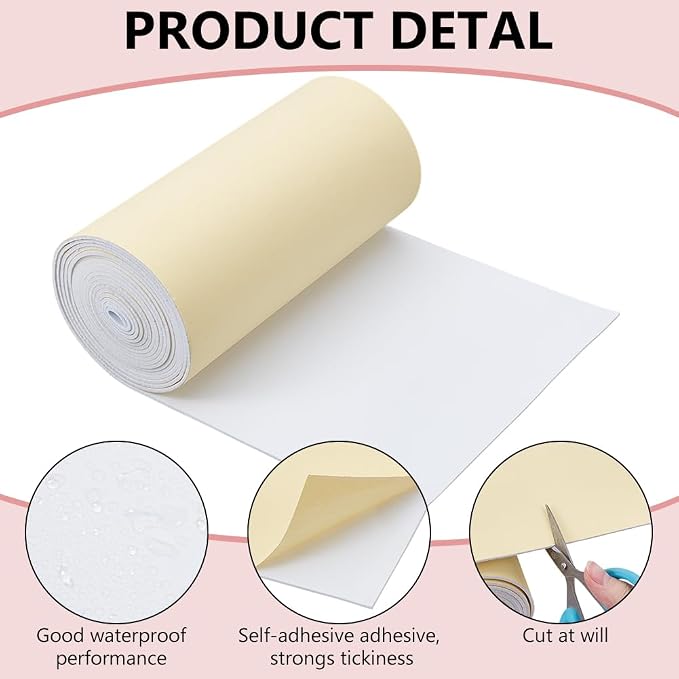 BENECREAT 118x8 Inch White Self Adhesive EVA Foam Roll, 2mm Thick Waterproof