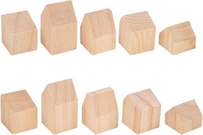 NBEADS 10 Pcs Unfinished Wooden House Shaped Blocks, Large Wood Blocks