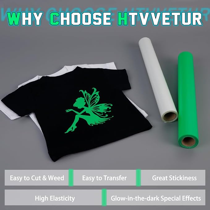 HTVVETUR Glow in The Dark HTV Heat Transfer Vinyl Roll 12 Inch by 20 Feet Iron