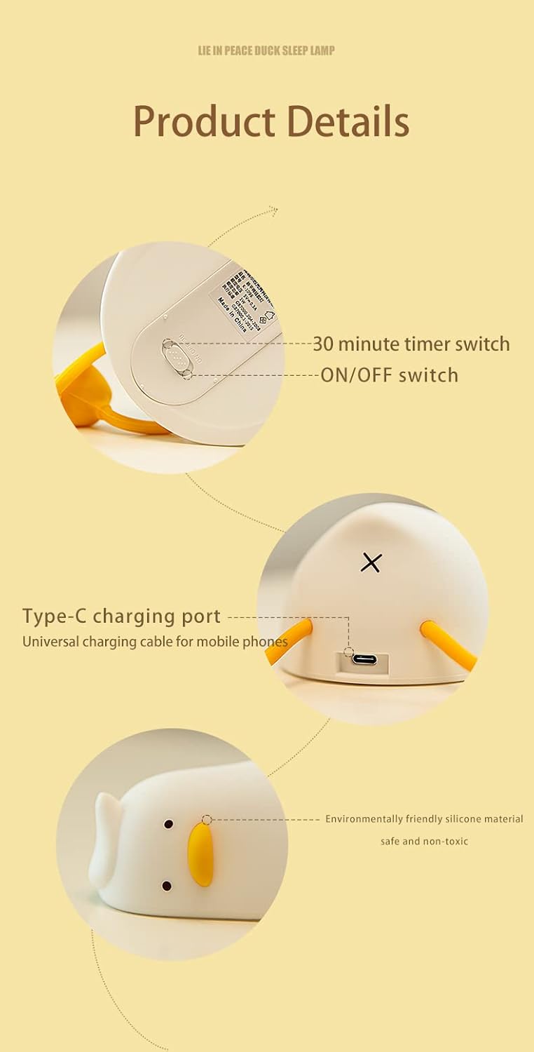 ATSUI Duck Night Light, LED Squishy Novelty Animal Night Lamp, Food Grade Silicone, 3 Level Dimmable Rechargeable Nursery Nightlight for Breastfeeding Toddler Baby Kids