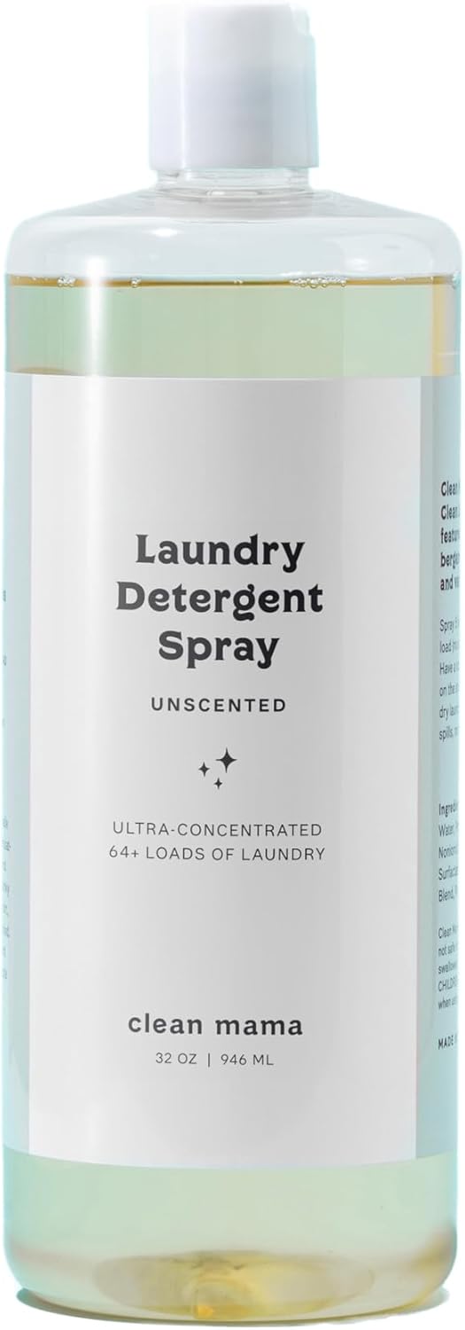 Clean Mama Laundry Detergent Spray & Pre-Treater Refill - Natural Laundry Detergent Soap for Sensitive Skin - Eco-Friendly, HE Compatible - Unscented - 64+ Loads of Laundry, 32 oz