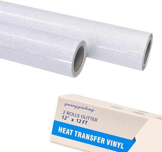 guangyintong Glitter White Heat Transfer Vinyl HTV Rolls, 2 Rolls 12" x 12ft