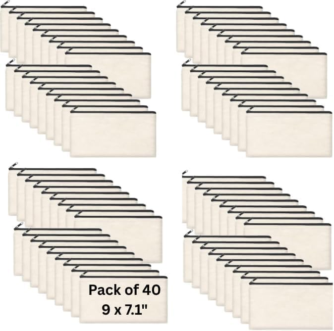 40 PCs Blank canvas Zipper Pouch, Makeup Bags Bulk Pencil Pouch
