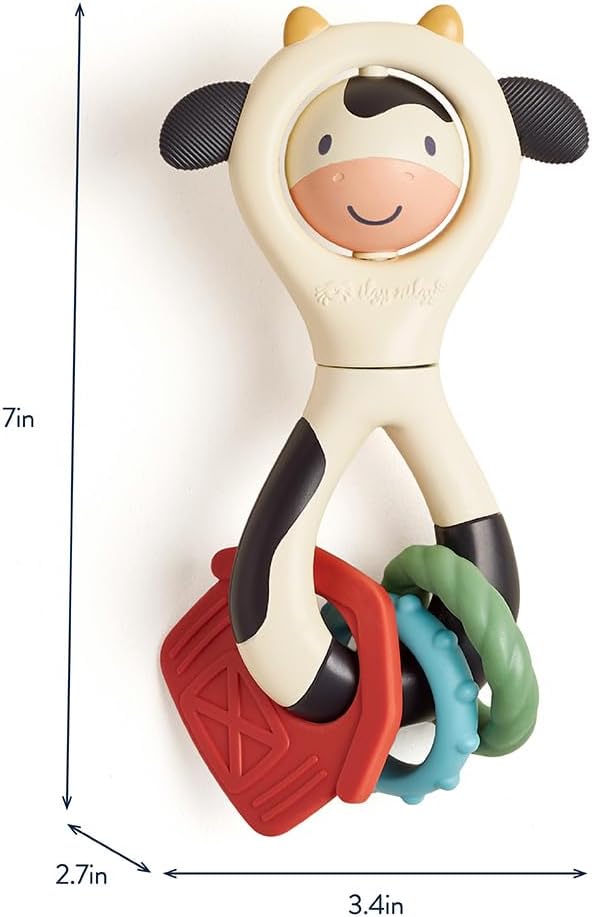 Itzy Ritzy Spinner Rattle Toy – Cow Design Sensory Teething Rattle Includes Spinning Face, Clicks, Rattles & Textured Teethers; Designed for Ages 3 Months and Up (Cow)