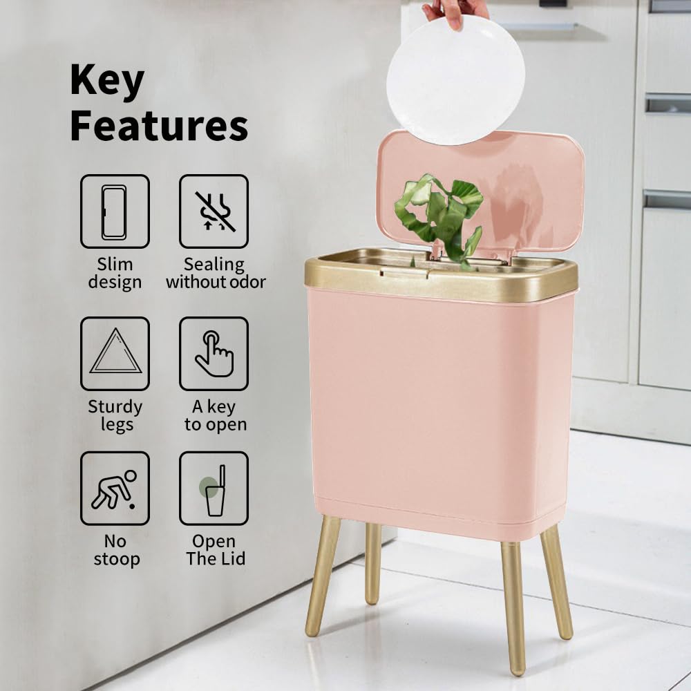 Procade Bathroom Trash Can with Lid, 4 Gallon Pink Garbage Can, Tall Plastic Trash Bin with Push Button, Slim Gold Trash Can Waste Basket for Room, Bedroom,Office,Kitchen