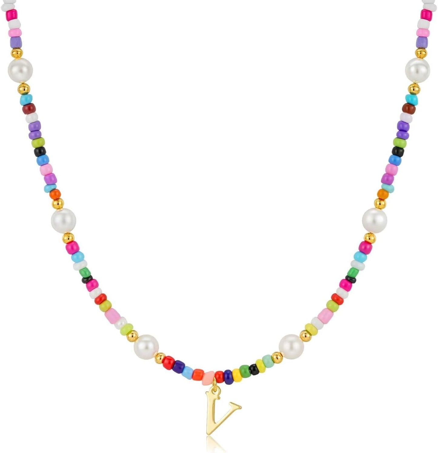 M MOOHAM Colorful Initial Necklaces for Girls Women Kids - Christmas Stocking Stuffers Beaded Pearl Choker Necklace for Women Teen Girl Gifts Trendy Personalized Letter Birthday Gifts Kids Jewelry