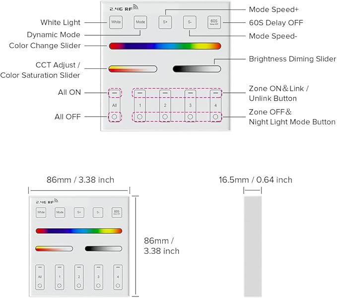 BTF-LIGHTING 4 Zones RGB RGBW RGBCCT Wireless 2.4G RF Wall Mounted Smart Panel Remote Powered by 2XAAA Batteries 3V Work with DR04W WB5 LM052 LM053 C03RF C04RF C05RF C03W C04W C05W Controller