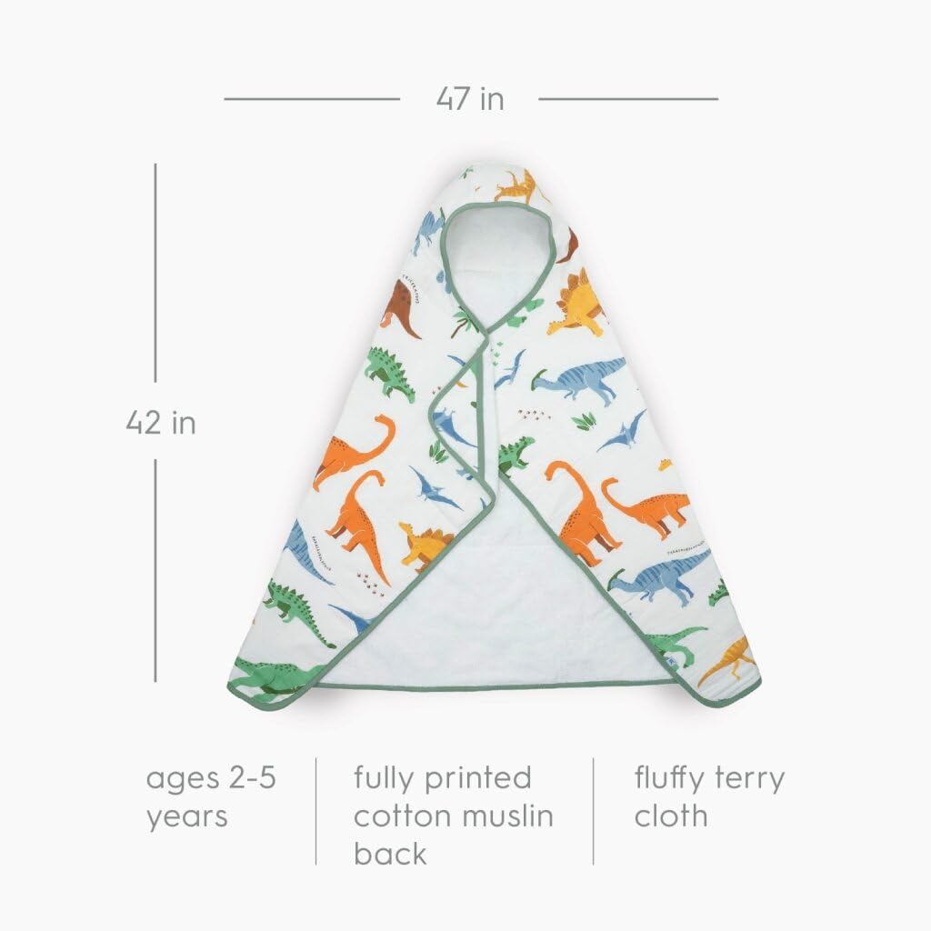 Little Unicorn Premium Hooded Bath Towel| Absorbent Cotton & Terry Blend | Larger Size, 1-6 Years (Dino Names)
