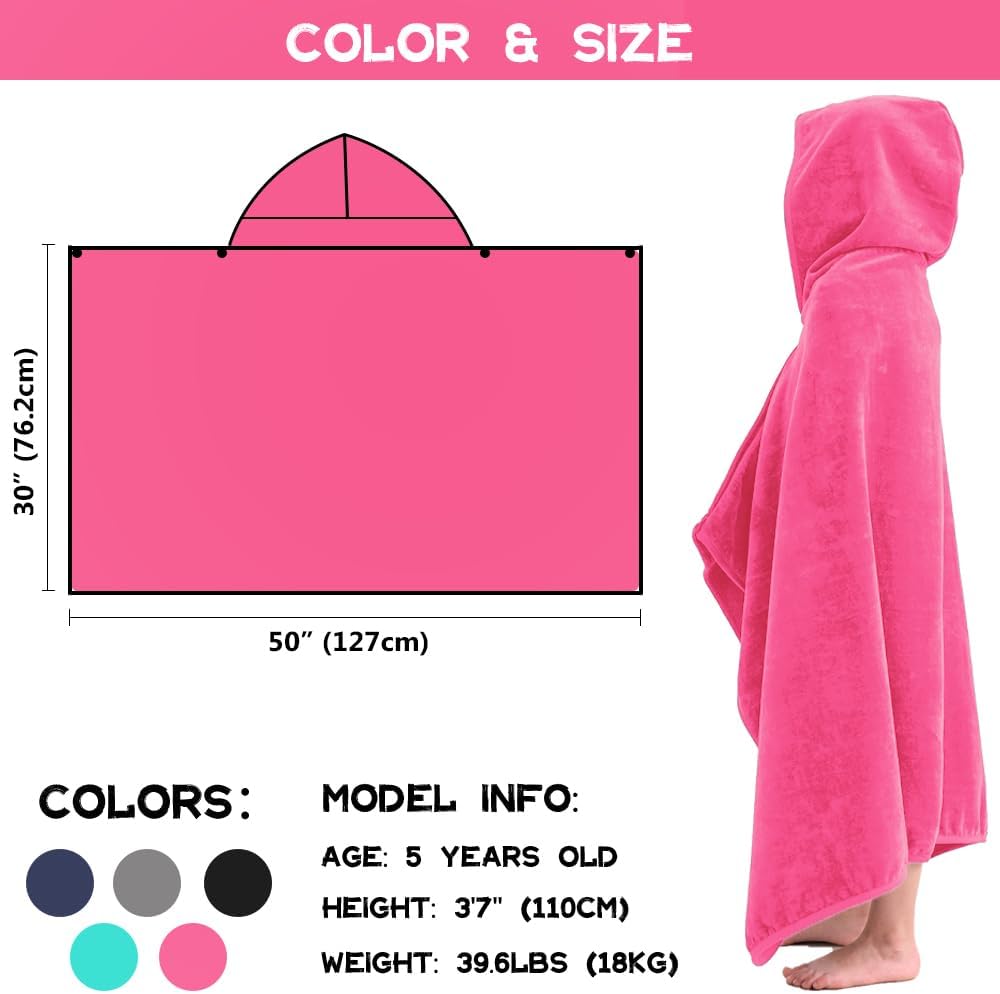 Hiturbo Kids Hooded Bath Towel: 100% Cotton Soft Thick Absorbent Towels Wrap - 50"x30" Shower Beach Pool Wearable Blanket for 3-12 Yrs Boys Girls - Pink