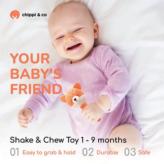 Chippi & Co Crochet Baby Rattle, Crochet Baby Toys, Stuffed Baby Doll, Organic Wooden Newborn Toys, Knitted Stuffed Animals for Babies Boy, Girl, Cool Gifts for New Moms, Dads (Fernie The Fox)