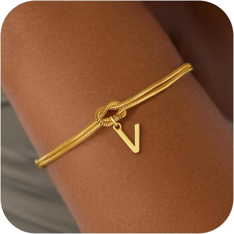 Stocking Stuffers for Teen Girls - 18K Gold Plated Love Knot Initial Bracelets for Women Friends Bridesmaid Gifts Dainty Gold Bracelets Birthday Christmas Gifts for Teens Women