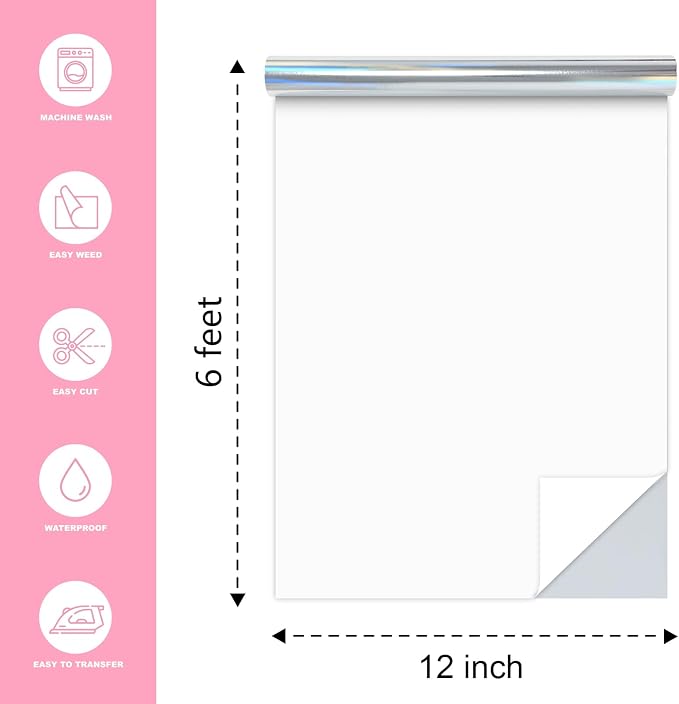 Holographic Silver Heat Transfer Vinyl Roll, Soft Foil HTV Vinyll