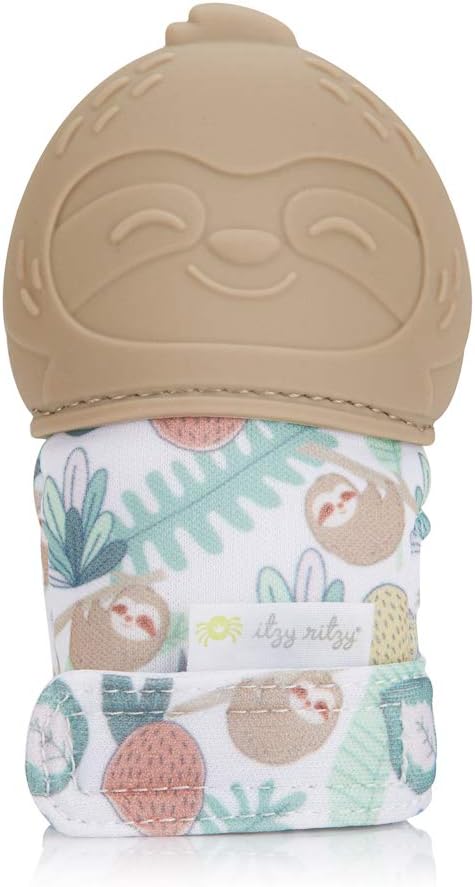 Itzy Ritzy Silicone Teething Mitt - Soothing Infant Teething Mitten with Adjustable Strap, Crinkle Sound & Textured Silicone to Soothe Sore & Swollen Gums - for Ages 3 Months & Up (Sloth)