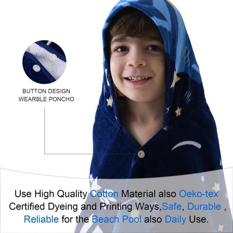 VOOVA & MOVAS Toddler Bath Towel with Hood for Kids Age 3-10, 30''X50, Soft | Thick | Absorbent Cotton Wrap Blanket, Beach, Pool, Swim | Bath Use, Dinosaur Under The UFO